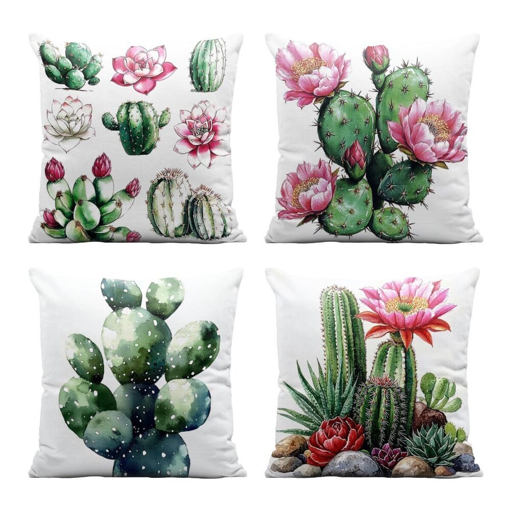 1330 Cactus Pillow Covers 18x18 Inch Set of 4, Prickly Pear Green Flowers